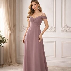 Birdy Grey Mauve Chiffon Coquette Bridesmaid Off The Shoulder Maxi Dress Size S